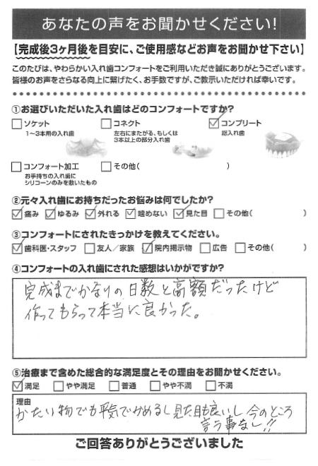 コンプリートご利用者様（70代・男性）アンケート