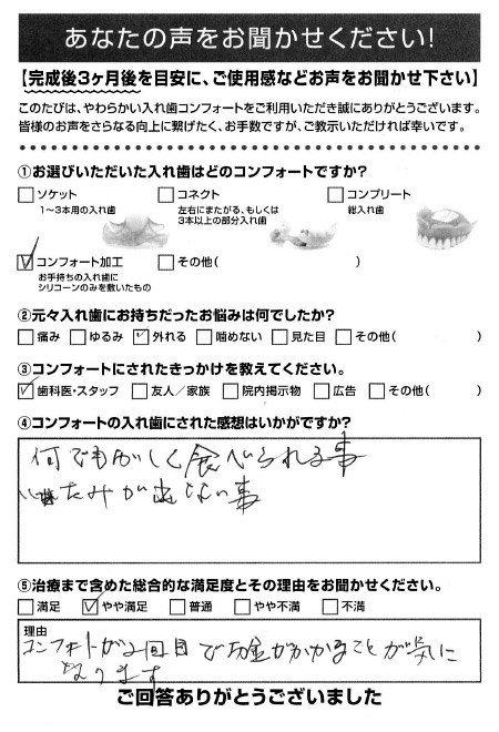 コンフォート加工ご利用者様（80代・女性）アンケート